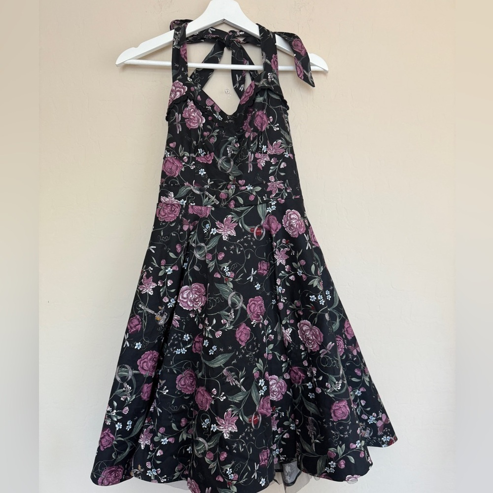 Hot Topic Floral Insects Swing Dress Black Halter Tulle Novelty Retro Small - Picture 3 of 12
